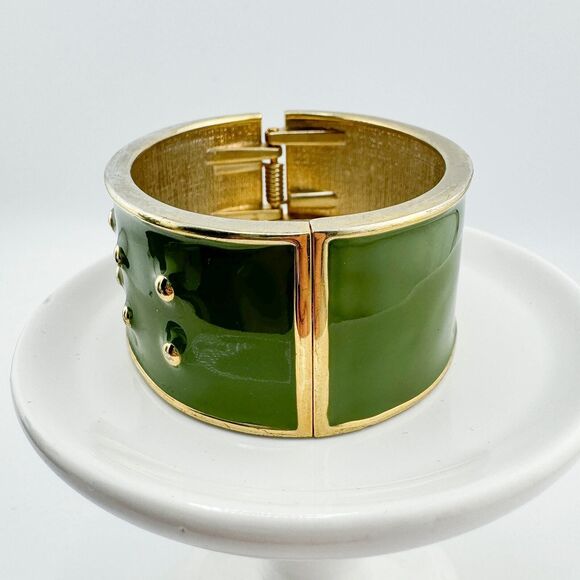 Vintage Green Enamel Cuff Bracelet Reversible Gold-Tone Studs Retro Glam Dots - Picture 5 of 13